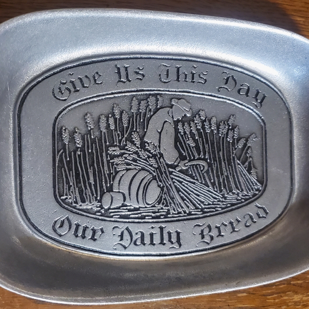 Vintage Wilton Pewter Bread Plate Tray "Give Us This Day Our Daily Bread"